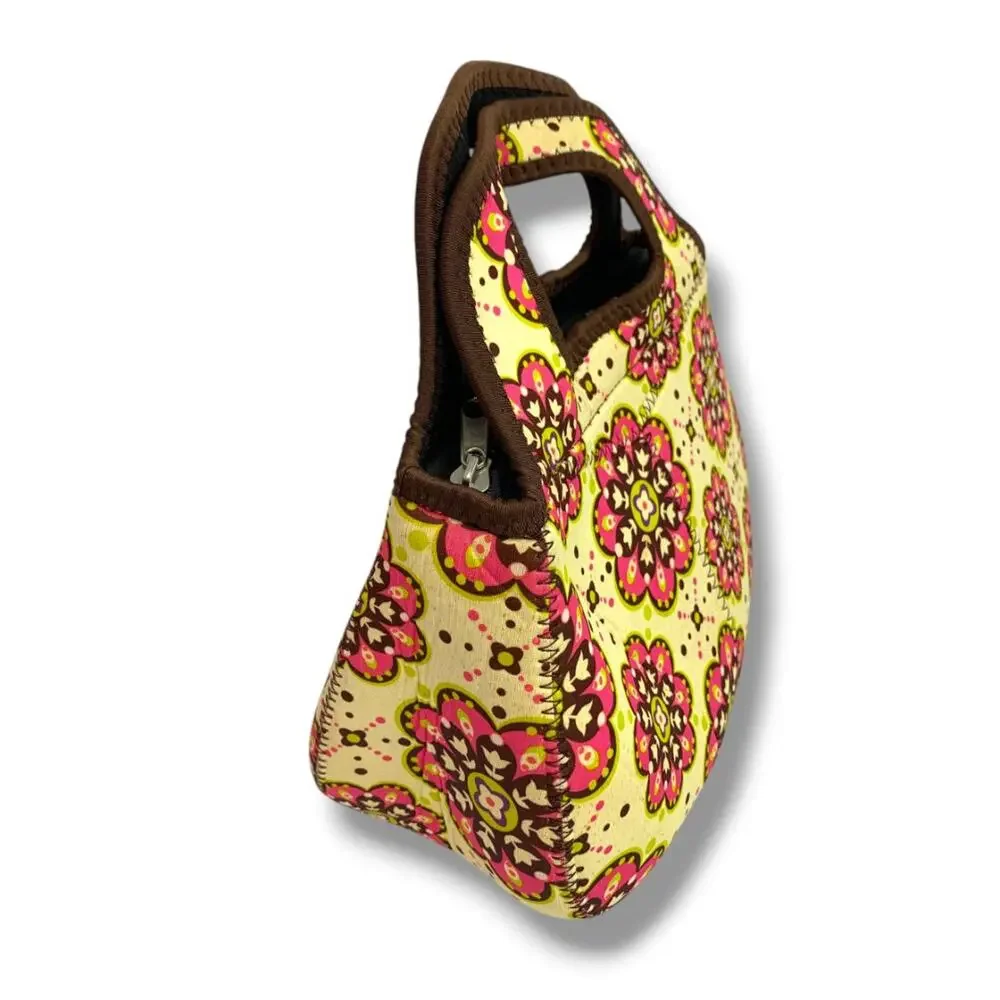 Neoprene Lunch Tote Yellow Pink Floral Handles 8